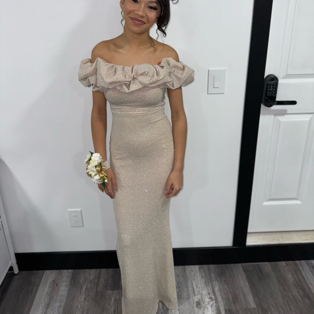 Windsor Shimmering Off-Shoulder Cream Gown Warn once